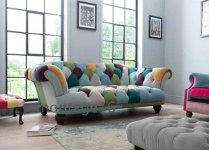 Bespoke Judge Oskar Button Back Seat Chesterfield Patchwork Velvet Fabric Sofa - Picture 1 of 19