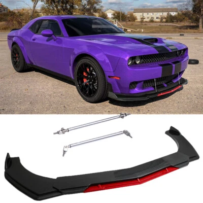 Divisor de labios de parachoques delantero estilo fibra de carbono + varillas de puntal para Dodge Challenger Foto 1 de 4