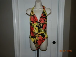 Vintage Cole Of California One Piece Bathing Suit floral halter black 14 - Picture 1 of 4