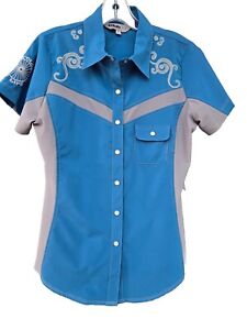 Club Ride Pearl Snap Western Shirt Womens LARGE Collared Teal Cycling Equestrian