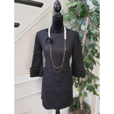 Maggy London Sheath Dress Womens Petite 6P Black Floral Lace Overlay Bell Sleeve - Image 1 of 4