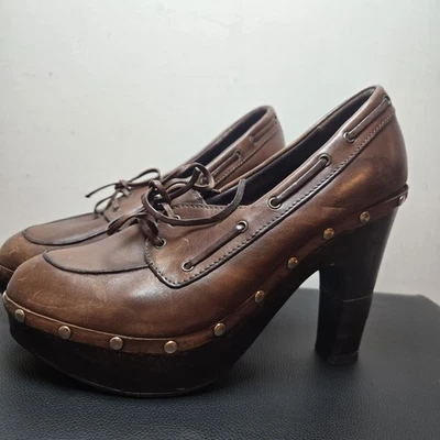 Ralph Lauren Purple Label Brown Leather Heeled Y2k Chunky Wooden Platform 8.5 - Image 1 of 4