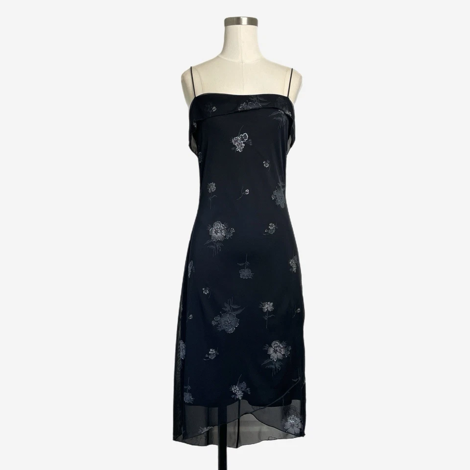 Vintage Y2K Byer también! Vestido negro brillo floral asimétrico capricho hada M Foto 1 de 4