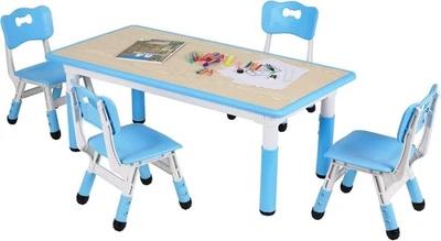 Kids Table and 4 Chairs Set Adjustable Height Study Play Dining Furniture Blue - Image 1 of 4
