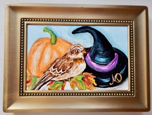 Original Acryl Gemälde auf 4"x6" Leinwand Panel eines Halloween Vogel gerahmt - Bild 1 von 2