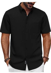 PJ PAUL JONES Men's Casual Button Down Short Sleeve Black Summer Shirt W/Pockets - Picture 1 of 10