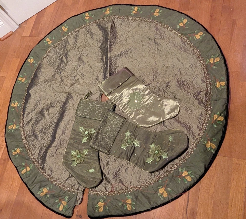 Green  Embossed Velvet Embroidered Edge 52" Christmas Tree Skirt and 2 Stockings - Image 1 of 4