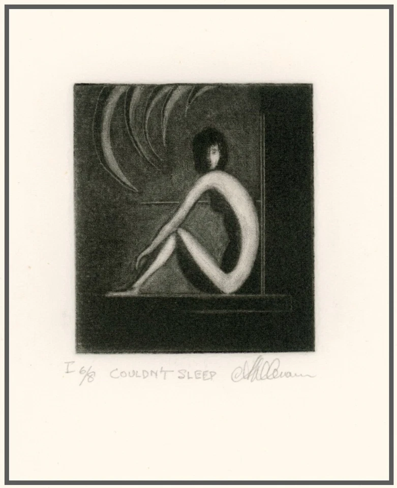 ¿NO SE PUEDE DORMIR Insomnio? Figura femenina. Arte Modernista ORIGINAL Firmado MEZZOTINT Foto 1 de 1
