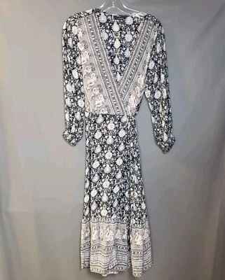 LUCKY BRAND Dress Womens Medium Black Paisley Print Wrap Midi Boho Peasant EUC - Image 1 of 4
