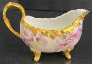 Vintage Porcelain Ceramic Creamer Gravy Boat 4 foot heavy gold accent FLORAL - Picture 1 of 11