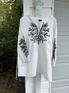 NWT Talbots Gorgeous White Black Leaf Embroidered Linen Cotton Lined Tunic 2X - Picture 1 of 5
