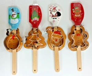 4 Holiday Spatulas w/ Cookie Cutters, Santa, Christmas Tree, Gingerman, Snowman. - Picture 1 of 5