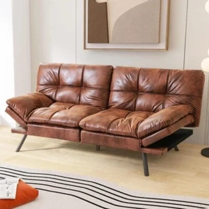 Elegance Luxe Modern Faux Leather Futon Sofa Bed  Convertible Brown Sofa Couch. - Picture 1 of 9