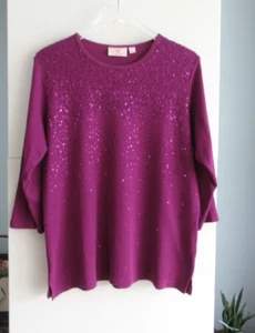 Quacker Factory Sz L Embellished w/ Sequins Stretch Top, 3/4 Sleeve Orchid Color - Picture 1 of 9