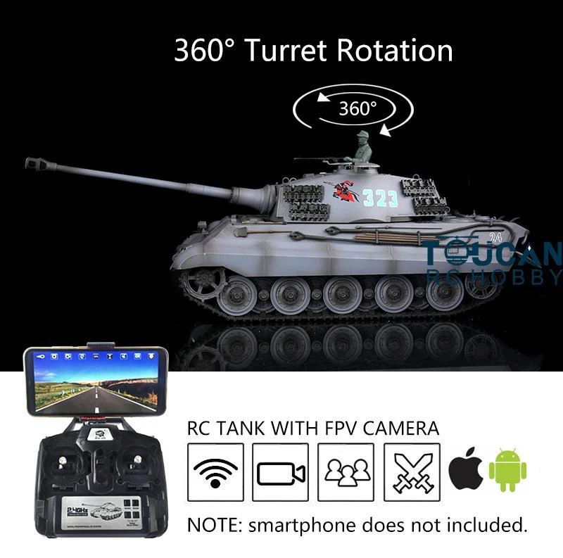 Henglong 1/16 7.0 RC Tank Upgraded German King Tiger Gray 3888A 360°Turret FPV - Image 1 of 1