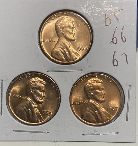 1965 1966 1967 3 Coin Lincoln Cent set Nice MS/BU RED Lincoln Coins Cover