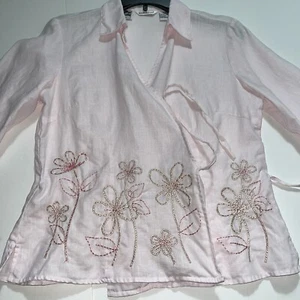Irish Linen Wrap Blouse Women Size Medium Pink With Embroidered Flowers Feminine - Picture 1 of 12