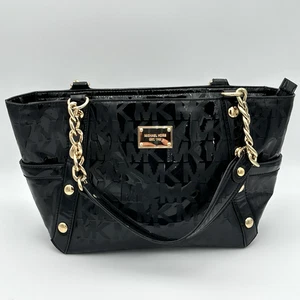 MICHAEL KORS SCHULTERTASCHE DELANCY NIETEN LOGO SCHWARZ METALLIC GOLDKETTE - Bild 1 von 7