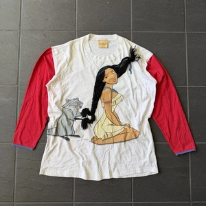 Rare Vintage 90s Disney Pocahontas 3D Braid Red Sleeve Graphic Tee XL White - Picture 1 of 13