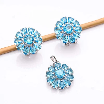 Blue Topaz 925 Sterling Silver Flower Pendant Earring Set PS8169, Christmas Gift - Image 1 of 4