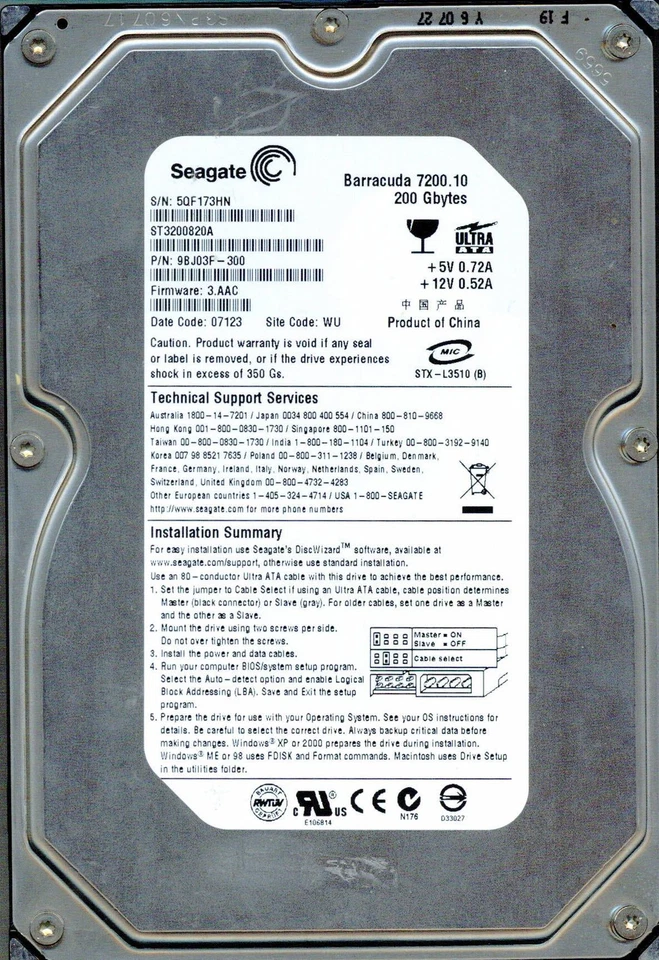 SEAGATE IDE 200GB ST3200820A P/N 9BJ03F-300 F/W 3.AAC  WU - Image 1 of 1