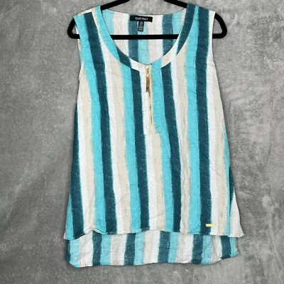 Camisa Top Ellen Tracy XL Azul Rayas Cuello Redondo Sin Mangas Alta Baja Lino Mujeres Foto 1 de 4
