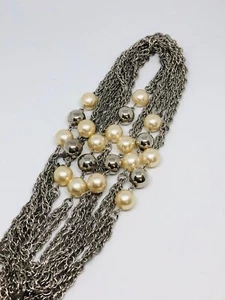 Long Vintage Silver Tone Pearl & Bead Double Strand Station Necklace 62 Inches - Picture 1 of 9