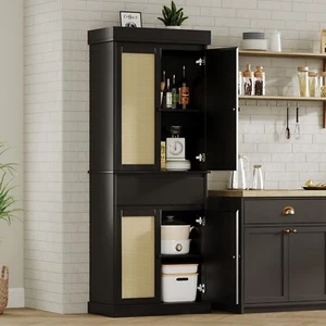 Kitchen Pantry Cabinet Modern Cupboard Storage Cabinet w/Rattan Doors and Drawer - Picture 1 of 8