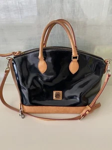DOONEY & BOURKE LARGE DOME SATCHEL CROSSBODY BLK PATENT W/TAN GENUINE LEATHER - Picture 1 of 13