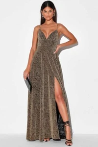 Lulus Cheetah Maxi Dress Womens 6 M Metallic Leopard Slit Mobwife Glam Sheath - Picture 1 of 24
