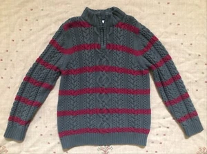 Hanna Andersson Gray Red Stripe Cabled Cotton Wool Fisherman's Sweater, Size 140 - Picture 1 of 4
