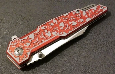 Red Pocket Knife 8” Overall Size M Wharncliffe Blade Full Metal Skulls Assist - Image 1 of 4