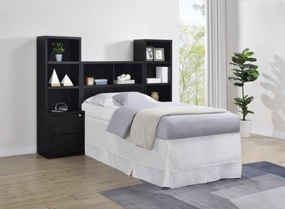 3 PC BLACK TWIN BOOKCASE HEADBOARD and 2 BOOKCASE NIGHTSTANDS BEDROOM FURNITURE - Image 1 of 4
