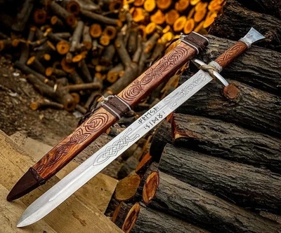Handmade Viking Seax Sword – Rune Engraved Blade, Carved Wood Handle & Sheath - Image 1 of 4