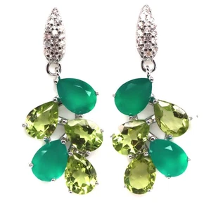925 Sterling Silver 5 x 7 MM. Green Peridot, Agate & Zircon Earrings - Picture 1 of 4