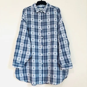 Max Studio lagenlook shirt blue white plaid button long sleeve oversized shacket - Picture 1 of 15