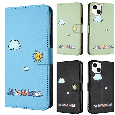Phone Case Cover for iPhone 14 13 15 12 Cartoon Cat PU Leather Flip Wallet Case - Image 1 of 4