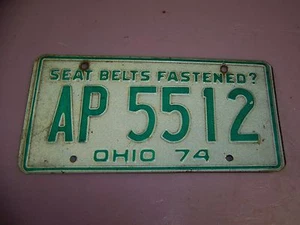 Ohio License Plate - Year 1974 - Tag #CJ 114 - Seats Belts Fastened? - Picture 1 of 1