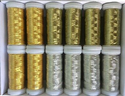 12 Metallic Embroidery Threads 4 Gold 4 Light Gold 4 Silver 200 Meters Each   • 9.28€