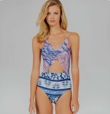 Traje de baño de una pieza hecho por Minkpink Resort índigo puesta de sol multicolor boho talla XL Foto 1 de 4