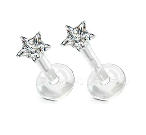 2pcs. 16G Bio-Flex Push-In Star CZ Prong Set Labret Monroe Ear Tragus - Picture 1 of 2