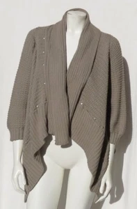 PURE HANDKNIT Taupe Chunky 100% Cotton Draped Studded Cardigan Sweater size S M - Picture 1 of 5