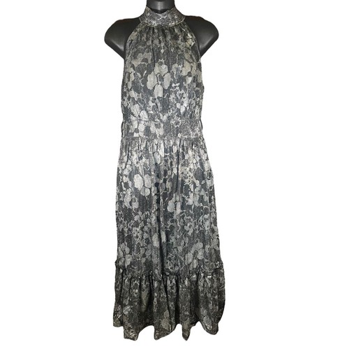 Abito midi Michael Michael Kors argento nero floreale HalterRuffle