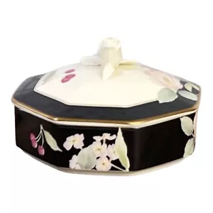 MIKASA BOTANICA Floral Candy Bowl W/ Lid Ivory Bone China B2018 Octagonal Black - Picture 1 of 9