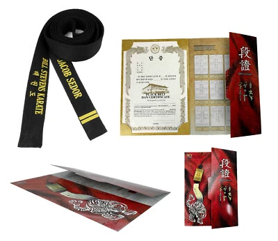 Martial Arts Black Belt Embroidered Custom Belt Taekwondo WTF Certificate + Case - Image 1 of 4
