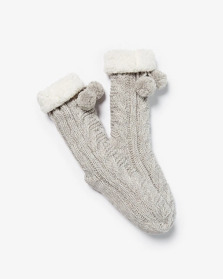 Express Cable Knit Fleece Lined Pom Slipper Socks - Изображение 1 из 1