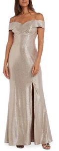 Nightway Long Formal Off-Shoulder Side Slit Evening Champagne Gold Gown Size 6 - Picture 1 of 15