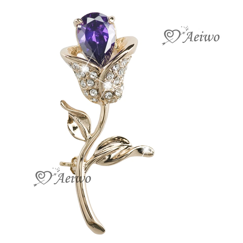 18K ROSE GOLD GP CRYSTAL FLOWER PURPLE TULIP BROOCH ELEGANT Foto 1 de 1