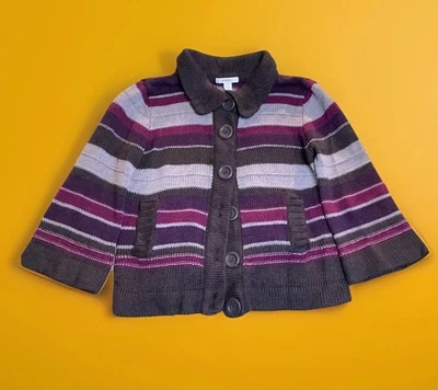 Dressbarn 女式大纽扣厚针织条纹灰色紫色毛衣 L — 第 1/4 张图片