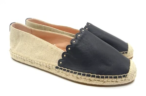 Size 9.5 Kate Spade Espadrille Women Navy Leather Beige Canvas Flats Shoes - Picture 1 of 7